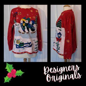 Penguins Ice Skating Ugly Christmas Sweater Size L